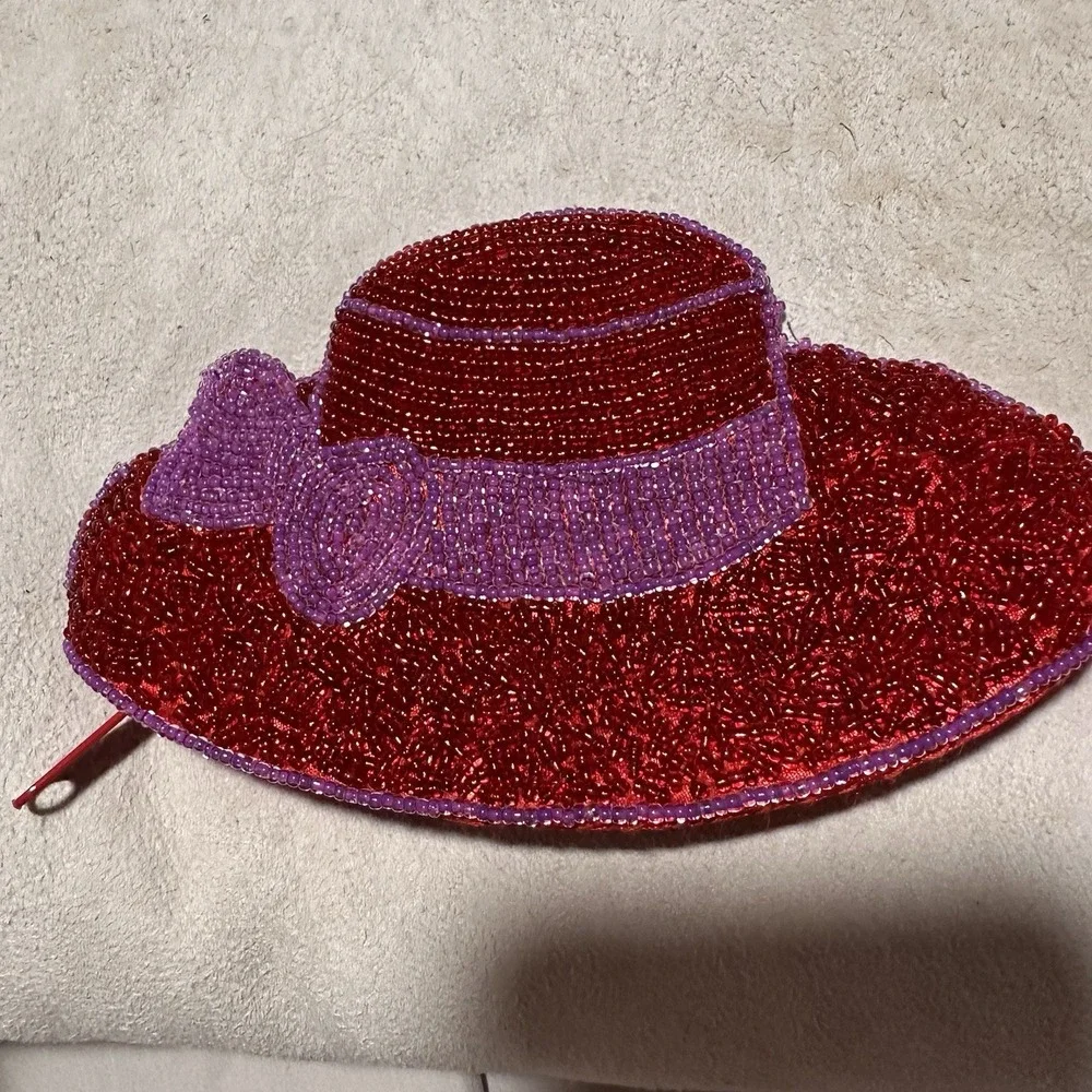 Red Hat Society Vintage Purple Trim Seed Beaded‎ Keychain Coin Purse Wallet